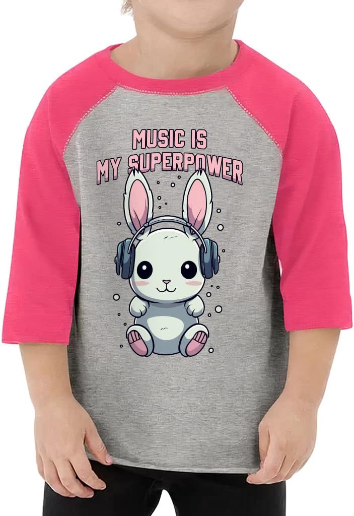 Music is My Superpower Toddler Baseball T-Shirt - Art 3/4 Sleeve T-Shirt - Rabbit Kids' Baseball Tee
