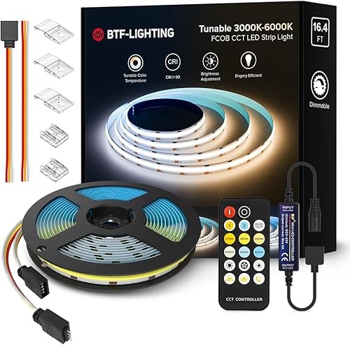 BTF-LIGHTING FCOB COB CCT 24V Kit flexible de alta densidad 640LEDm 16.4FT RF regulable controlador ajustable CT 3000K-6000K CRI 90+ tira LED para