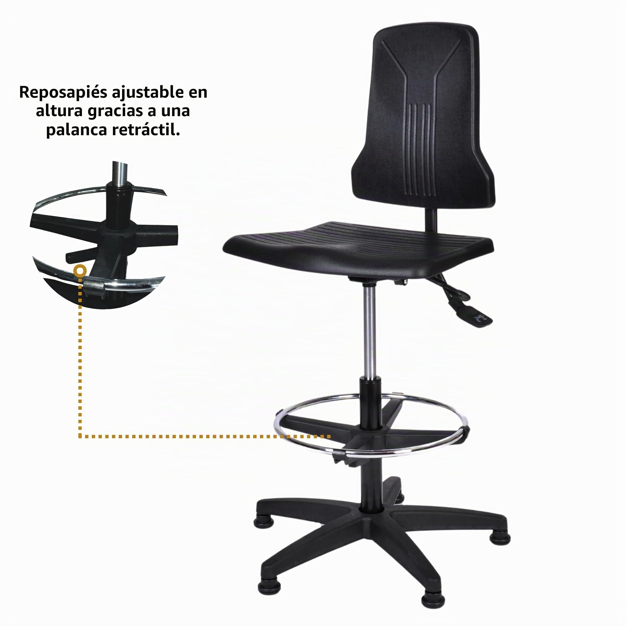 topsit Silla de trabajo de poliuretano IND000120, silla de trabajo ergonómica para laboratorio, mecanismo síncrono, altura regulable y fácil de limpiar, base estable con anillo de metal y pies.