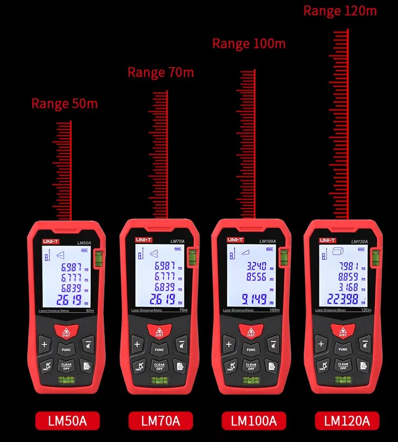UNI-T Telémetro láser LM50A LM70A LM100A LM120A Medidor de distancia láser Digital Range Finder Cinta métrica LM40T LM60T Cinta métrica láser
