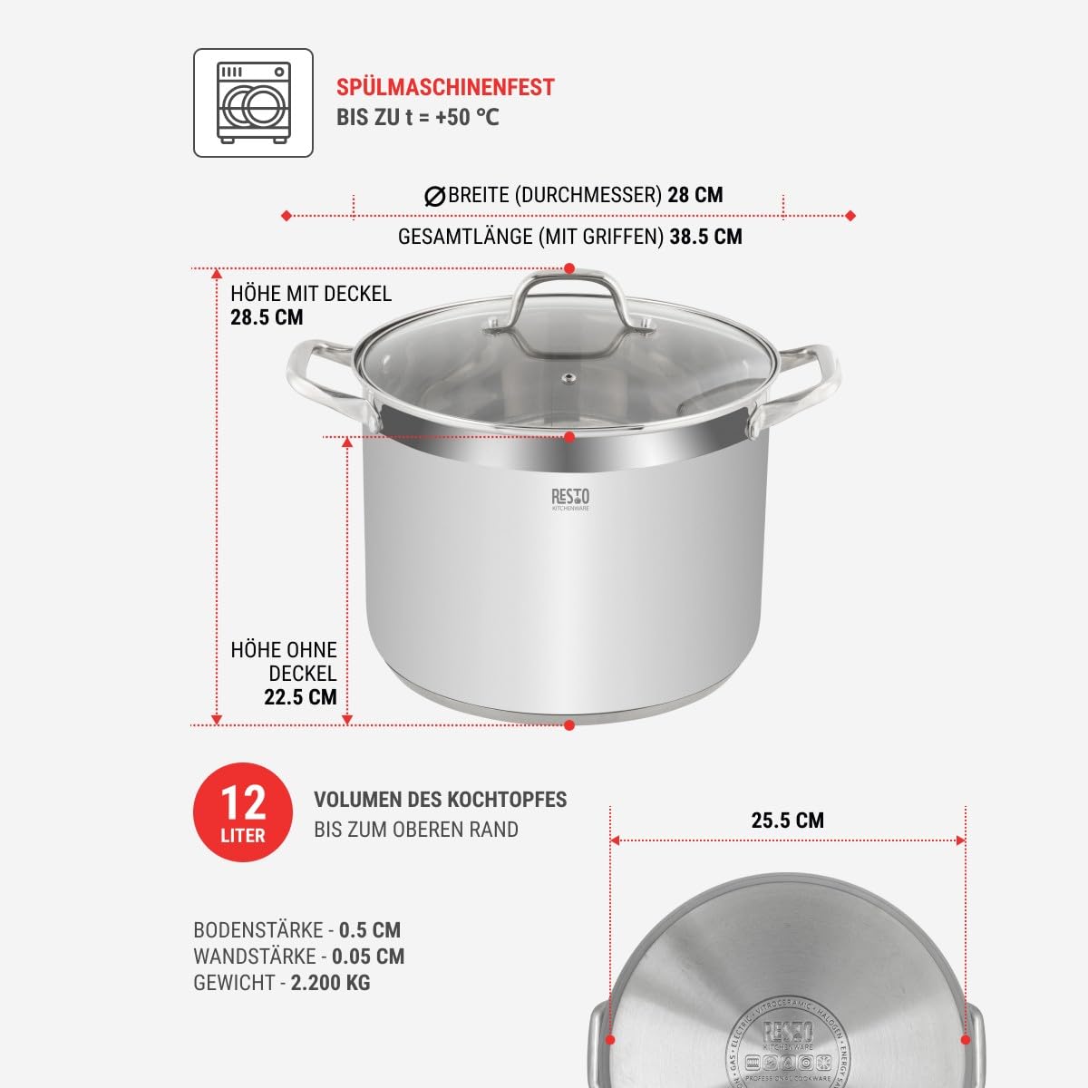 RESTO Garnek ze stali nierdzewnej 28 cm – garnek uniwersalny 13 l – garnek do duszenia z pokrywką – garnek do wszystkich rodzajów kuchenek również indukcyjnych – garnek do gotowania z odporną na