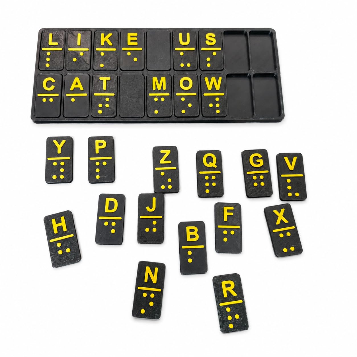 Tactile Alphabet Tiles with Raised Letters and Braille Dots A-Z With Frame & Vowels (Black And Yellow, Full Alphabet + Frame)