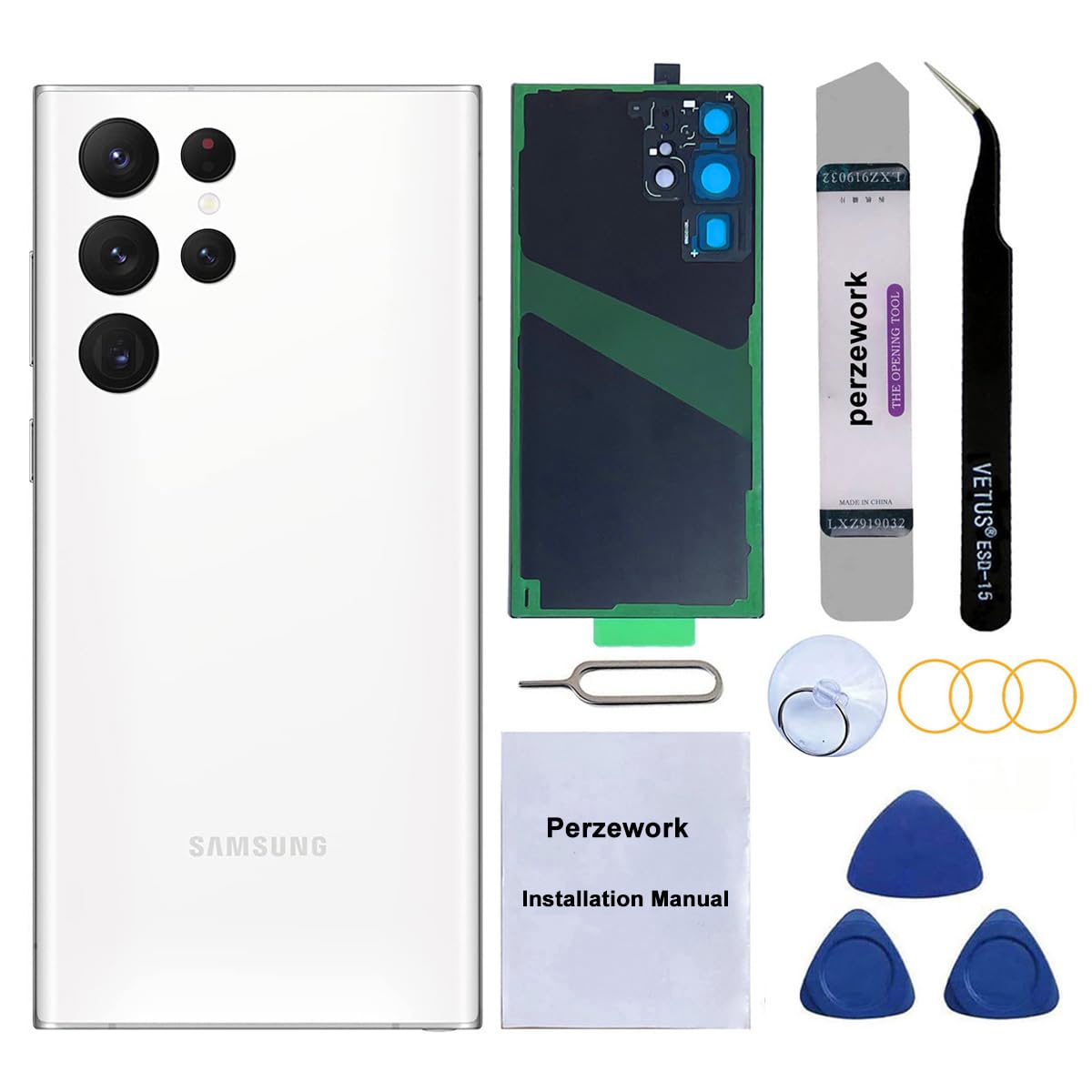 OEM Rear Back Glass Replacement Compatible with Samsung Galaxy S22 Ultra 6.8 inches 5G with Reparing Toolkit and Manual (Phantom White)