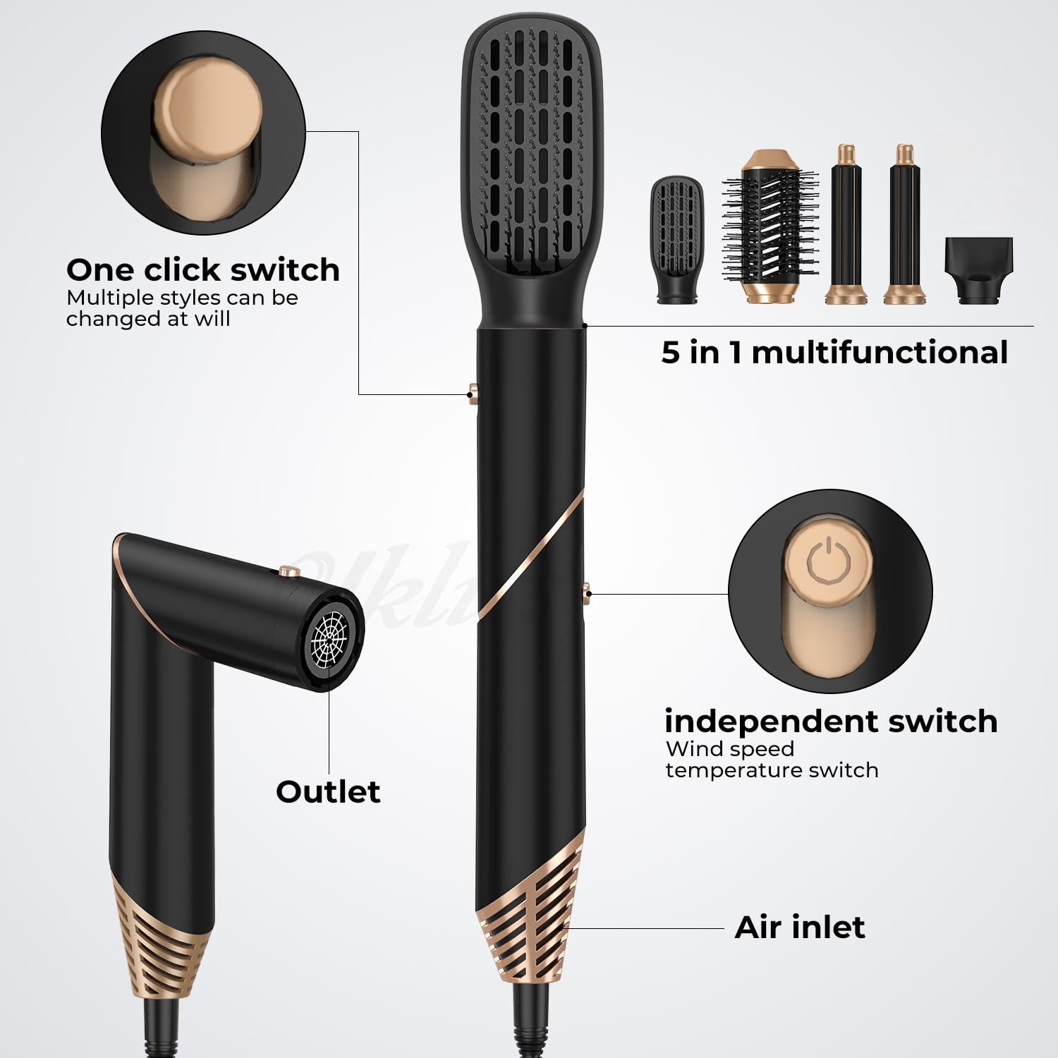 UKLISS Air Styler 5 en 1 Cepillo Secador de Pelo & Moldeador Pelo Airstyler Ionico Cepillo Moldeador de Aire Pelo Secador Pelo Cepillo Hairstyler para el Secado y Rizador Pelo Kit, Negro/Oro