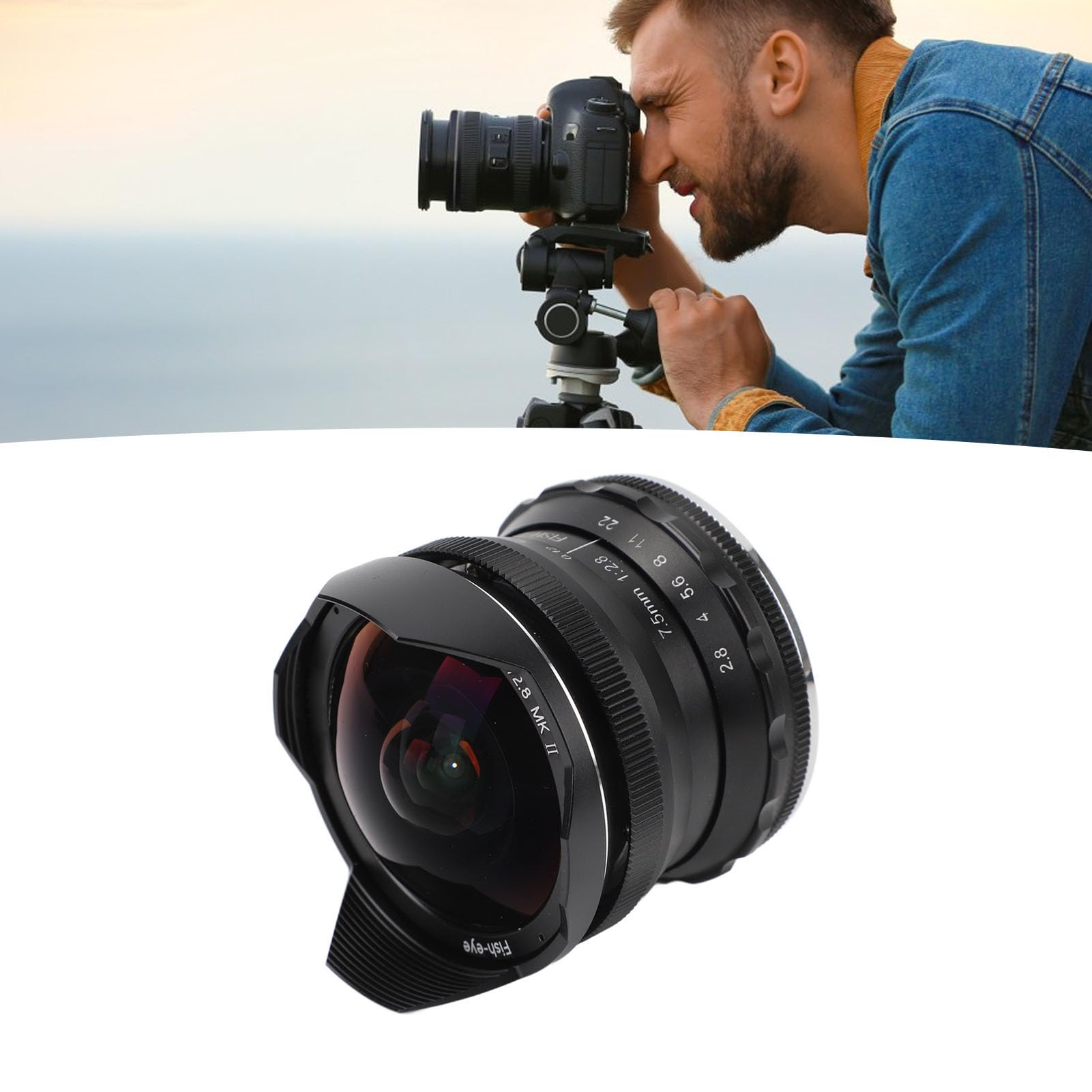 Obiettivo Fisheye da 7,5 Mm F2,8, Obiettivo Fisso con Messa a Fuoco Manuale con Portata di 180 Gradi per Fotocamera Mirrorless APS C con Attacco E, Compatibile con A7 A7II A7R