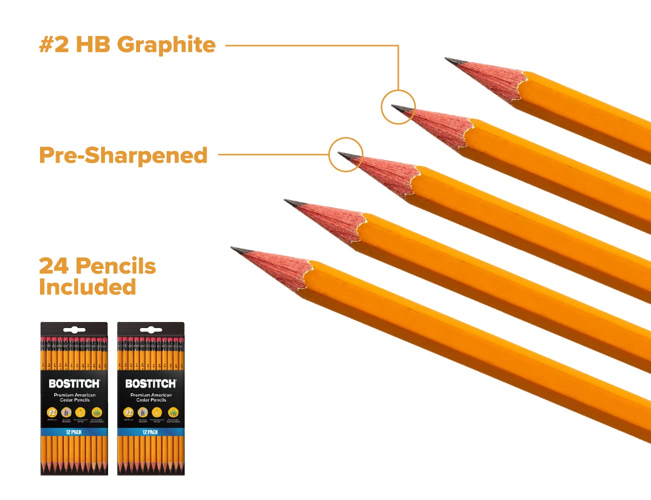 Bostitch Premium Cedar Pencils 24 Pack Pre-Sharpened 2 HB Graphite Latex Free - View #10