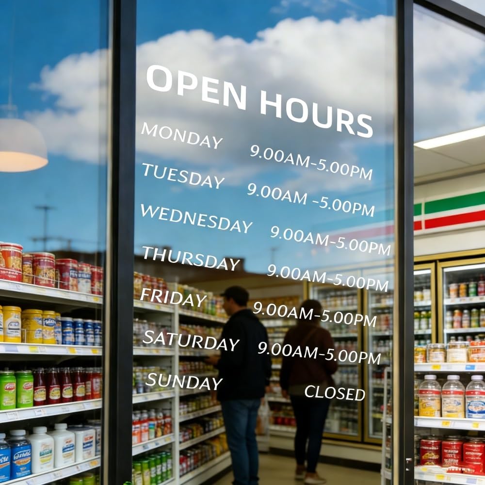 Adesivo Personalizzato Per Vetrine Commerciali, Adesivo Personalizzato Con Orario Di Apertura Del Negozio, Adesivo In Vinile Facile Da Applicare Per Porte In Vetro Di Uffici E Negozi(35 * 47In)