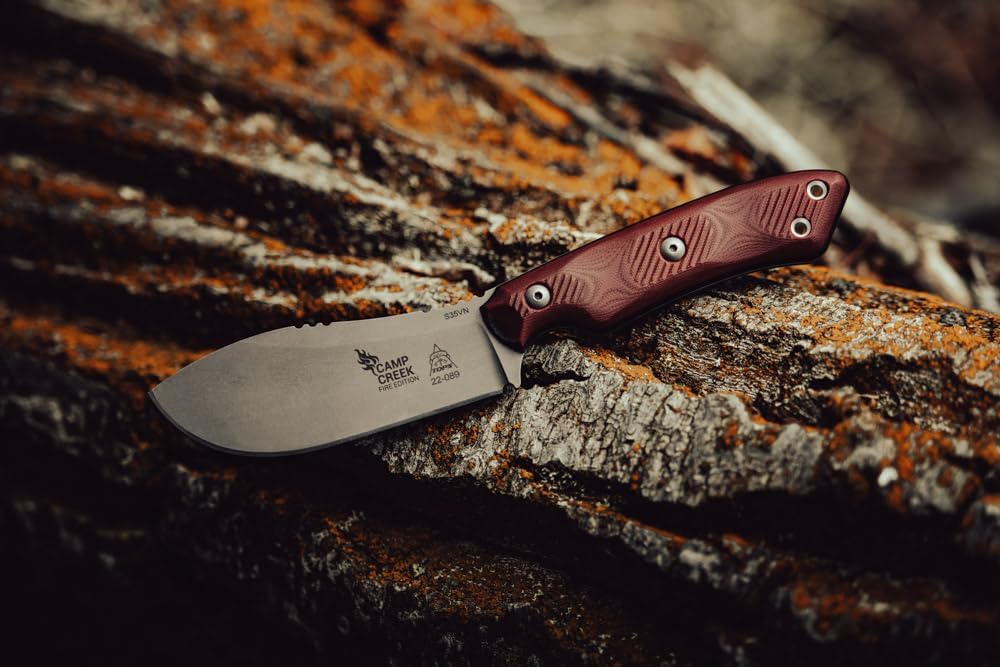 Tops Knives Camp Creek Fire Edition Full Tang Fixed Blade- Tumble Finish Blade Finish- Black Leather Sheath w/Dangler (Red/Black G10 Handle)