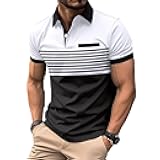Mens Fashion Color Block Polo Shirts Casual Short Sleeve T Shirt Striped Moisture Wicking Golf Shirts Tops