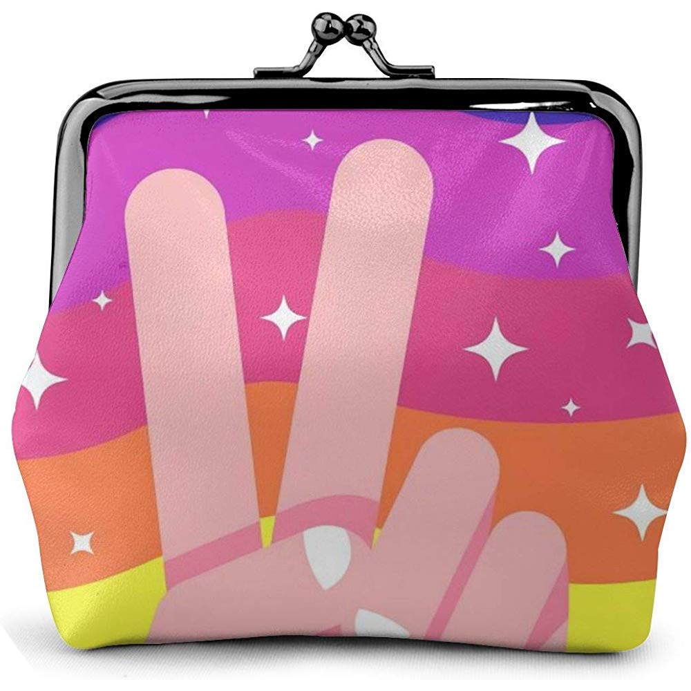 Rainbow Victory Sign V Hand Peace Vintage Pouch Girl Kiss-Lock Change Purse Wallets Buckle Leather Coin Purses