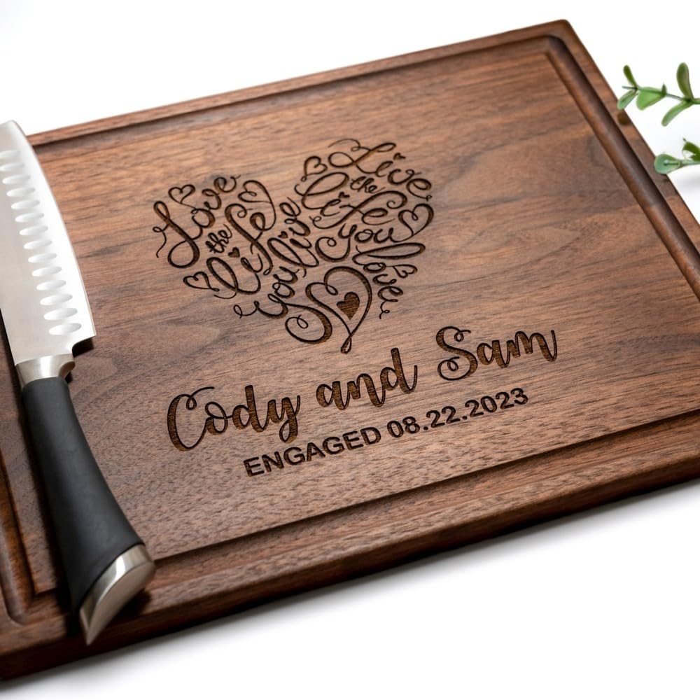 Personalized Cutting Board, Custom Wedding, Anniversary or Housewarming Gift Idea, Wood Engraved Charcuterie, for Newlyweds and Couples, Heart Home Design 041