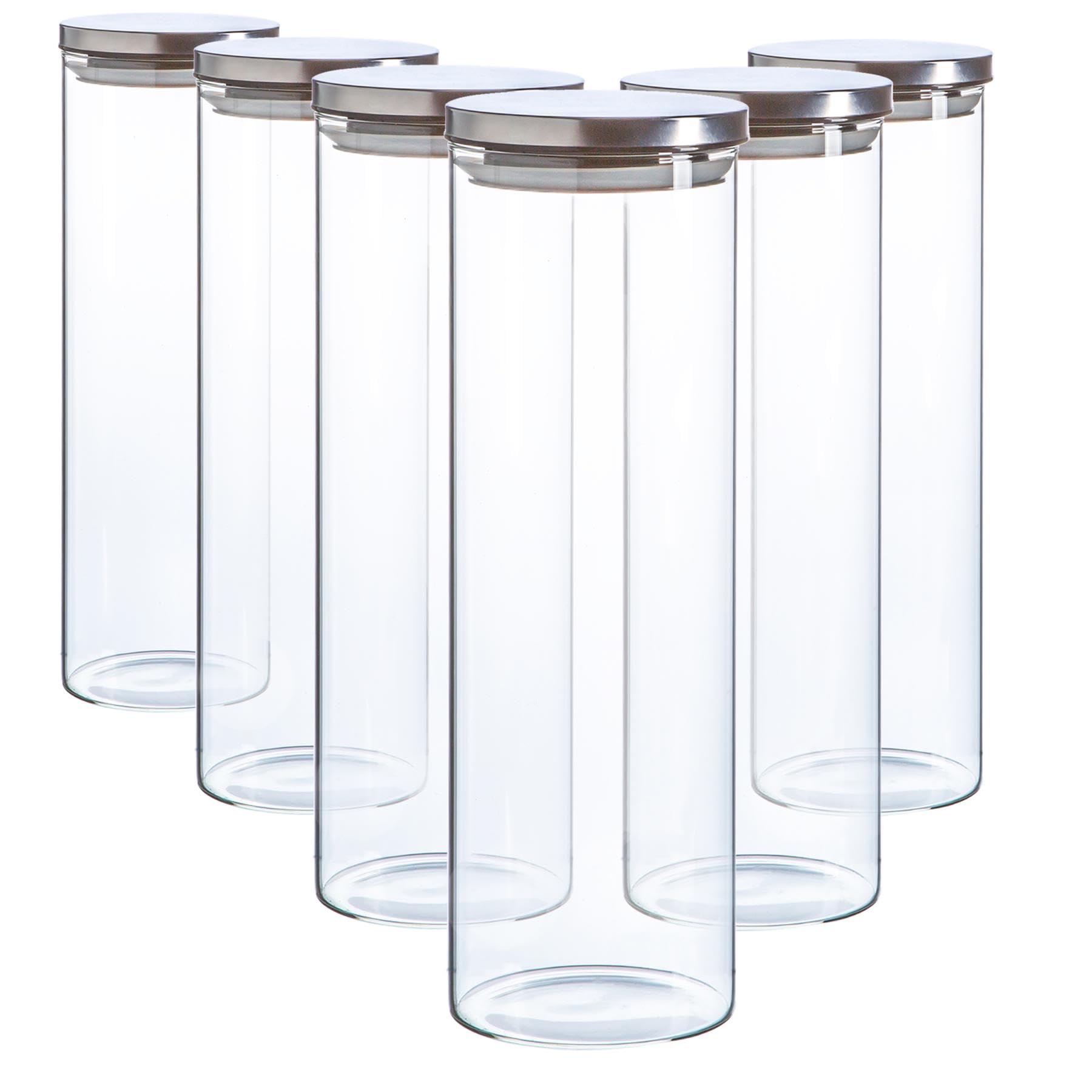 Argon Tableware Scandi Storage Jars with Metallic Silver Lids - 2000ml - 6 Pack - Modern Round Organisation Container Glass Jar for Kitchens, Pantry, Bathrooms, Utility Rooms