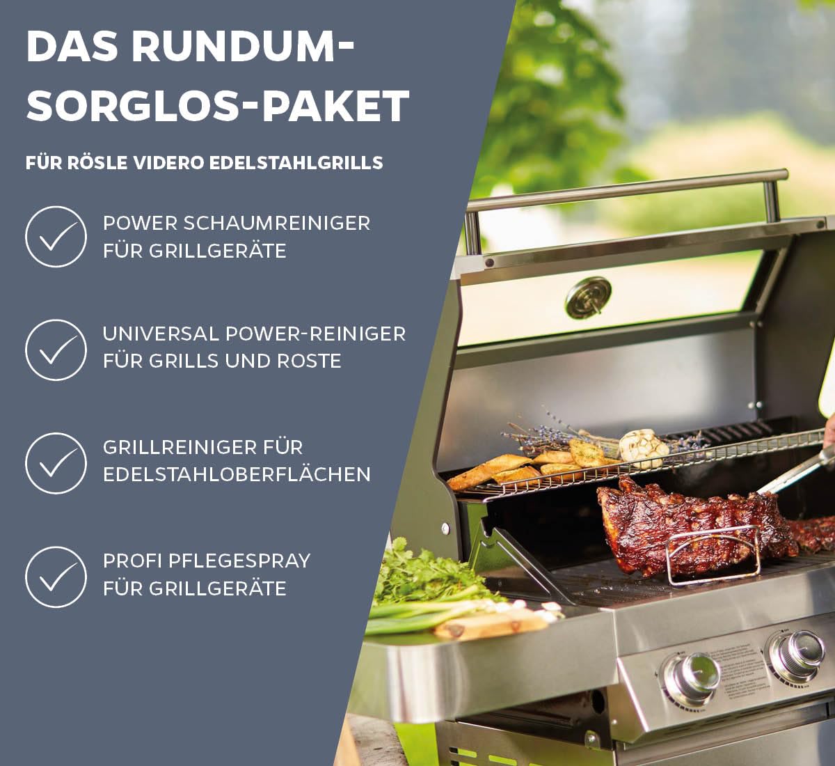 Grillfürst Grillreiniger-Set für Rösle Videro Edelstahlgrills - Grillreiniger, Schaumreinger, Pflegespray - 4er Set