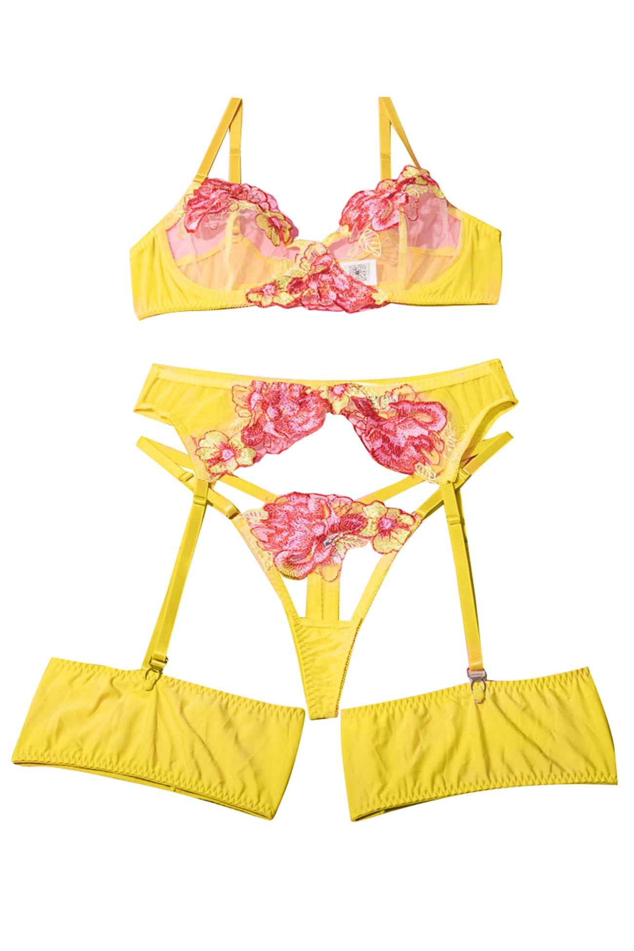 Aranmei Lingerie Set for Women 4 Piece Lingerie Set with Floral Embroidered Lace Sheer Underwire Bra with G-String Thigh Bands with Garter Belt Lingerie Set