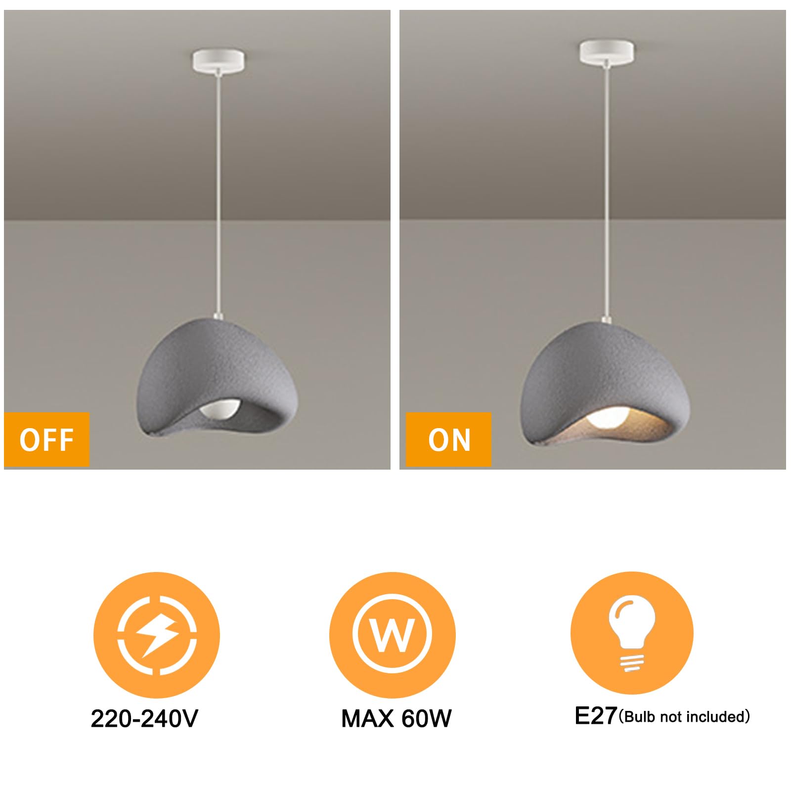 Kreatywna nordycka lampa wisząca z osłoną z symulowanego kamienia, lampa wisząca E27 z regulowanym oświetleniem sufitowym, do sypialni, jadalni, salonu, szary