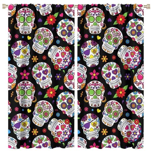SENQIAN rideau crâne sucre floral Halloween, occultant 2 panneaux W31.5xL63in