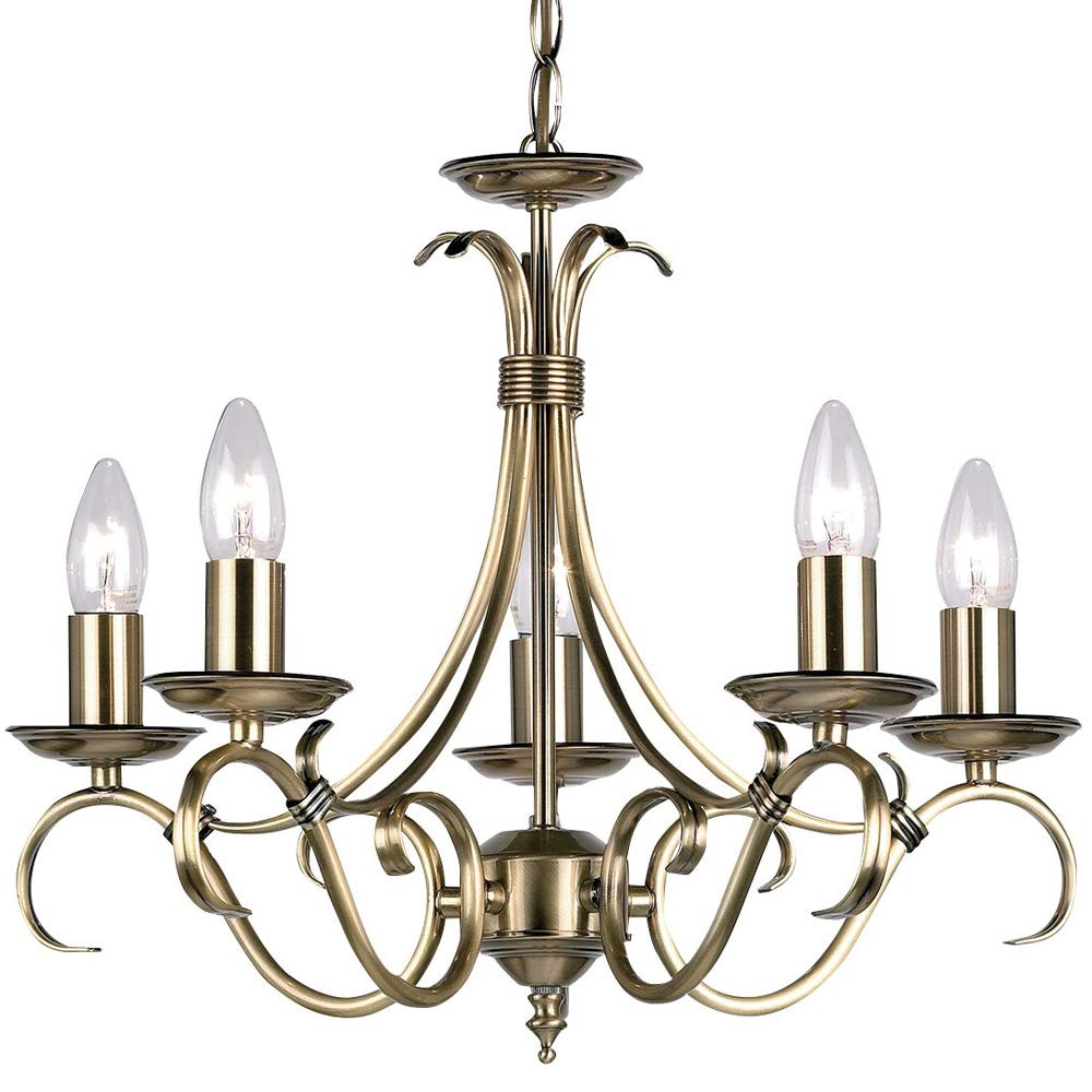 Hanging/Flush Mounted Ceiling Pendant Light – Antique Brass – 5X Vintage Candle Lamp Bulb Holder – Vintage/Classic Metal Feature Chandelier with Chain & Rose Fitting Lighting Kit – LED Compatible