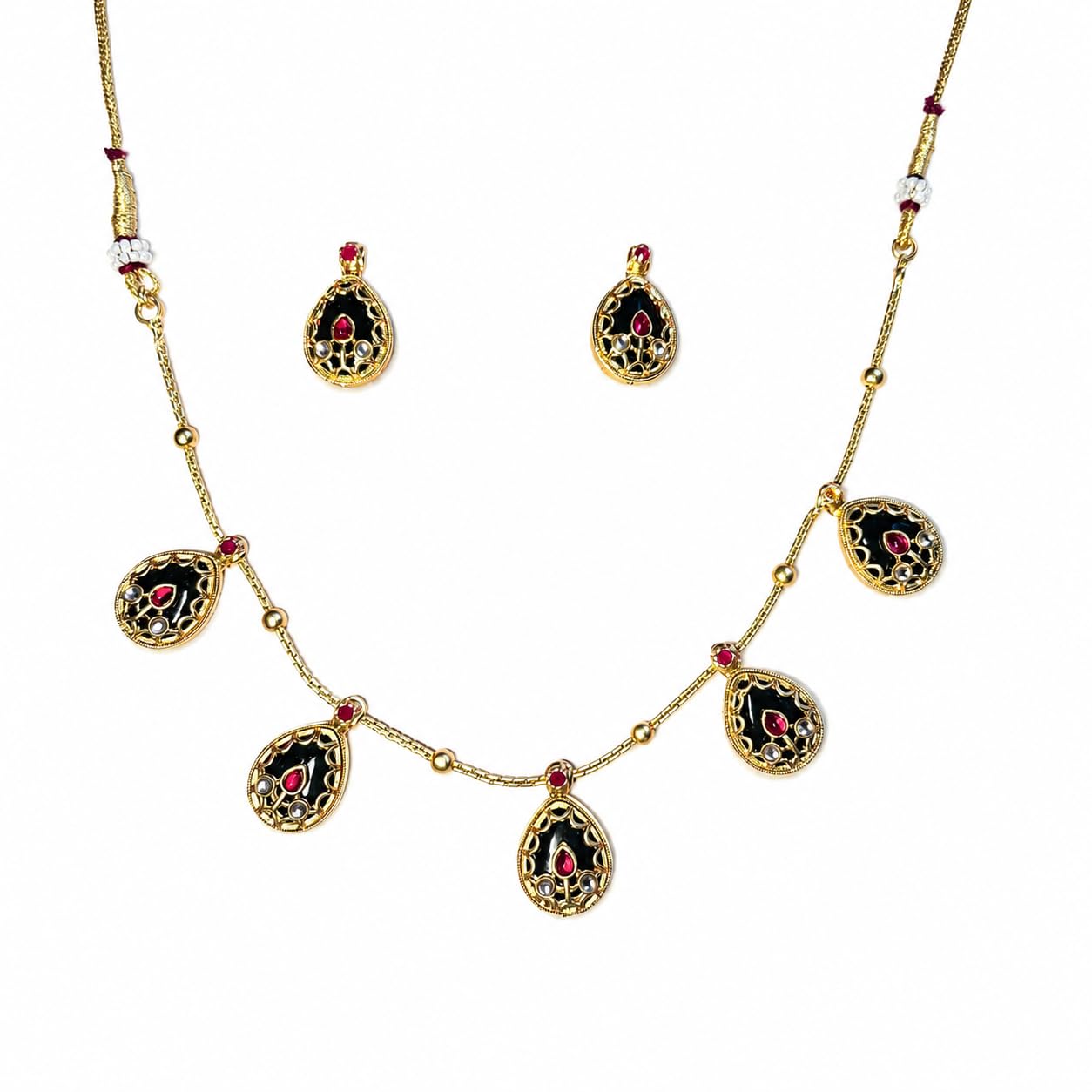 Heritage Necklace Green stone Classic Beauty Golden Oxidised Necklace and Earrings for Women | Traditional Flower Shape Necklace Set-image-45