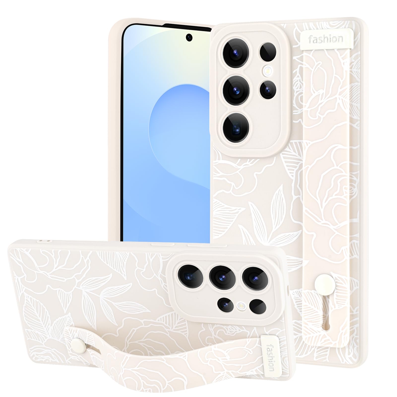 OOK Funda Compatible con Samsung Galaxy S25 Ultra Floral con Correa de muñeca, diseño de Rosas Blancas de Silicona a Prueba de Golpes, Funda Delgada de TPU con protección de cámara para Mujeres y