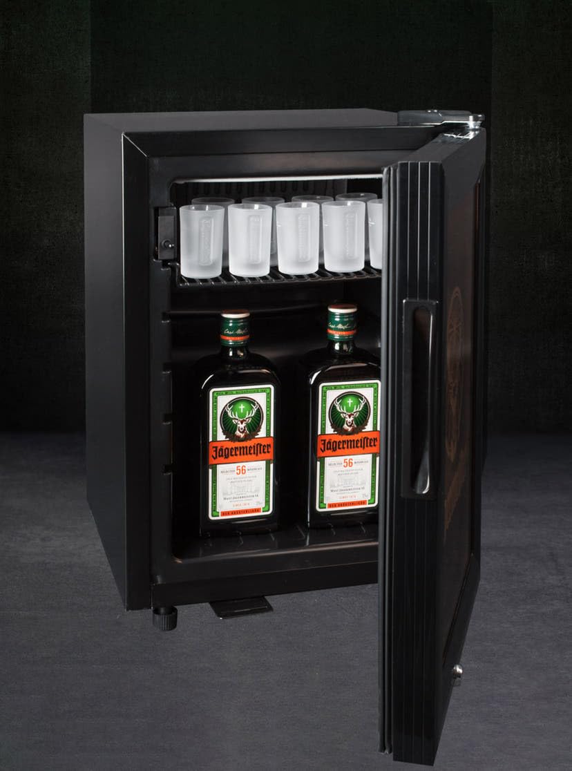 Jägermeister Mini Gefrierschrank – Mini Freezer mit LED-Beleuchtung für eiskalte Shots – 21L Tiefkühler für Hausbar & Gastronomie – 35 x 42 x 50 cm, 20 kg