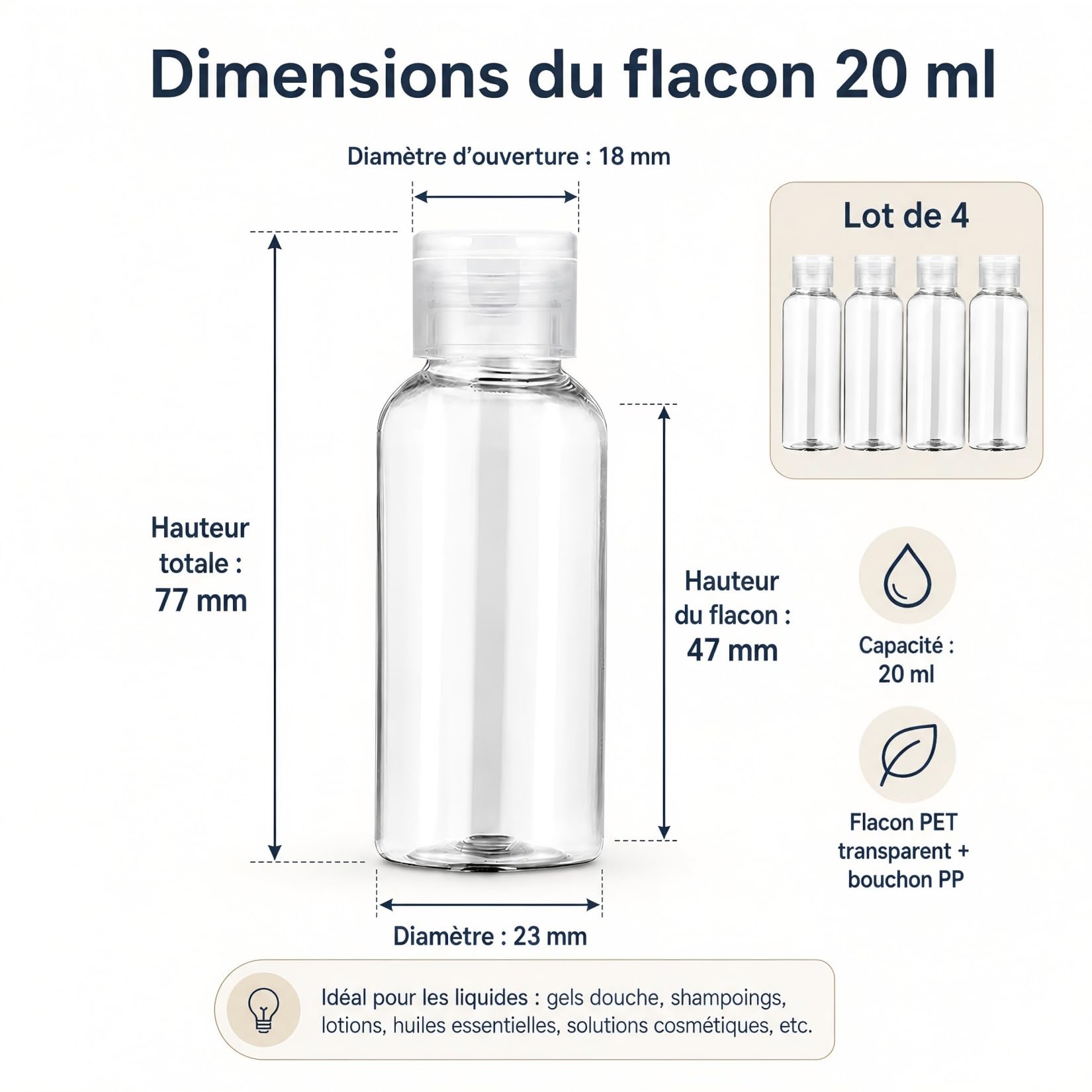 Kit de 4 Flacons de Voyage Vides Transparents 20 ml en Plastique, Accessoires de Voyage Pratiques pour Cosmétiques, Lotion, Shampoing et Gel Douche
