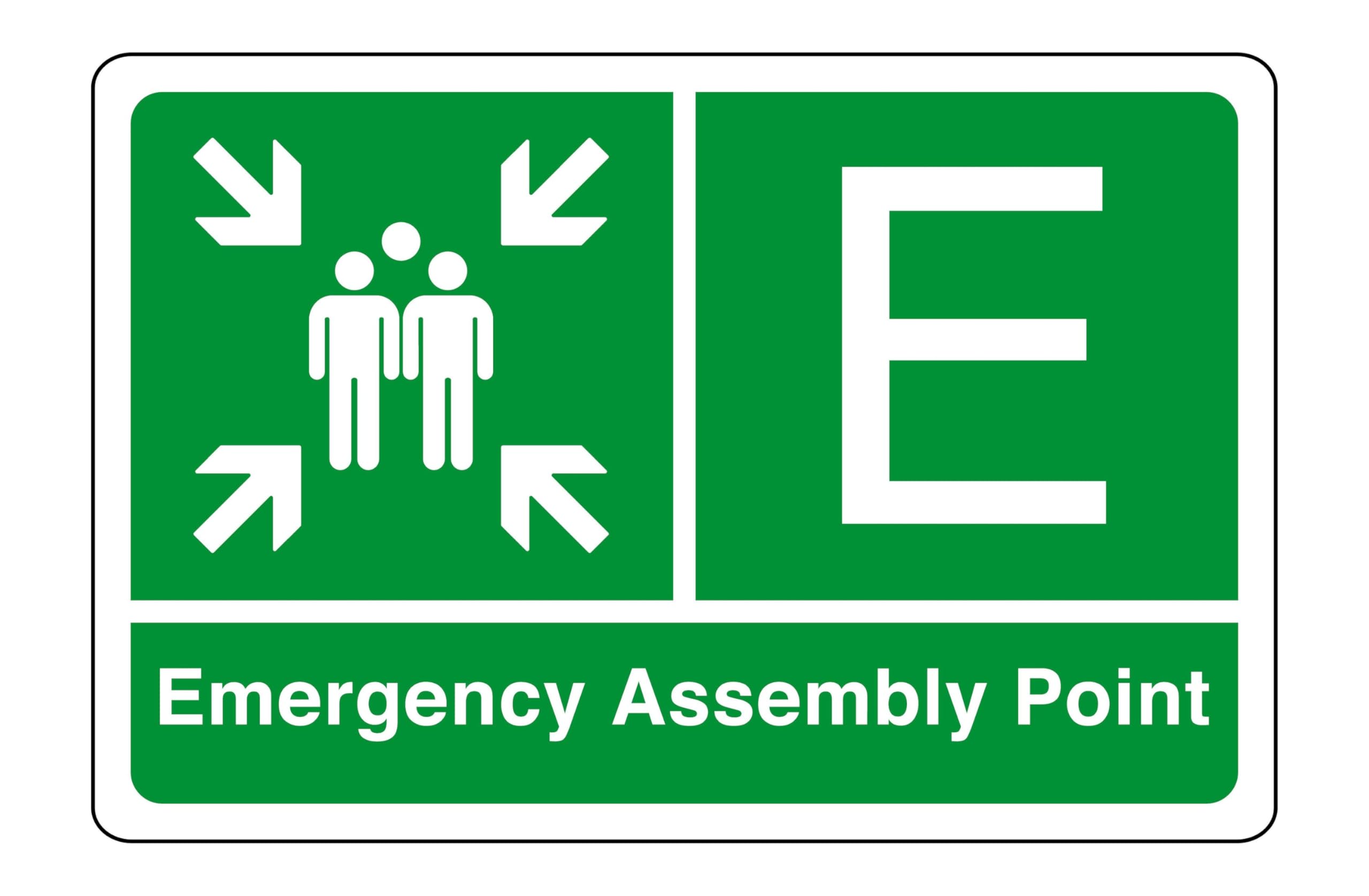 Emergency Assembly point "E" - safety sign - 1.2mm Rigid plastic for indoor/outdoor usage (600mm x 400mm) Viewing Distance within 20m.