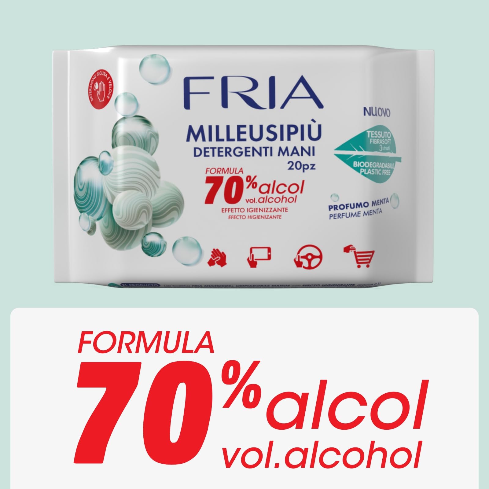 Fria MilleusiPiù Igienizzanti, Salviette Detergenti con Formula Igienizzante al 70% di Alcol, Tessuto Fibrasoft 3 Strati Biodegradabile, Confezione da 20 Salviette
