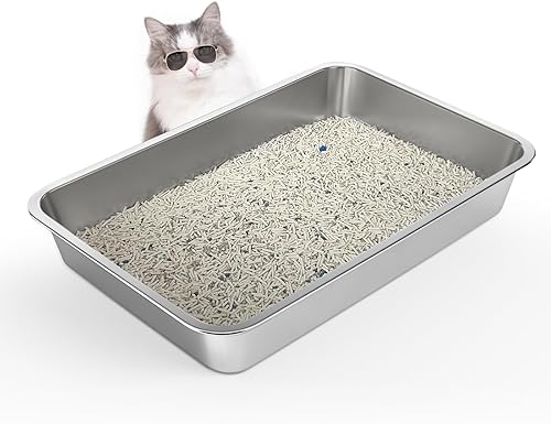 Caja de arena para gatos de acero inoxidable, caja de arena poco profunda de 4 pulgadas para gatos y gatitos mayores, bandeja de arena de metal