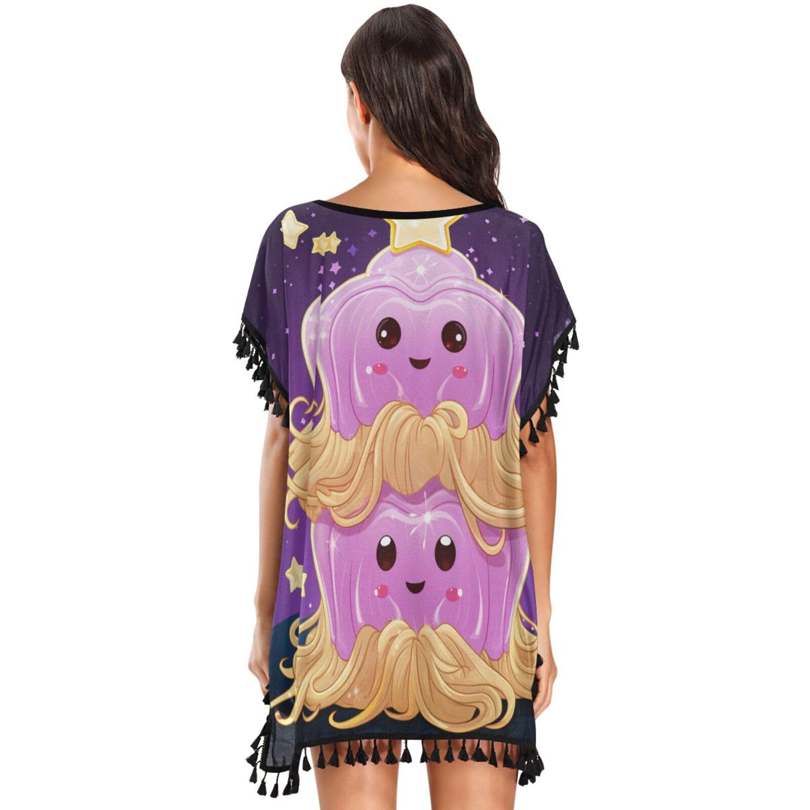 Doodle Art Cute Jellyfish Women's Beach Cover Up Chiffon Tassel Swimwear Swimsuit Coverups for Girl