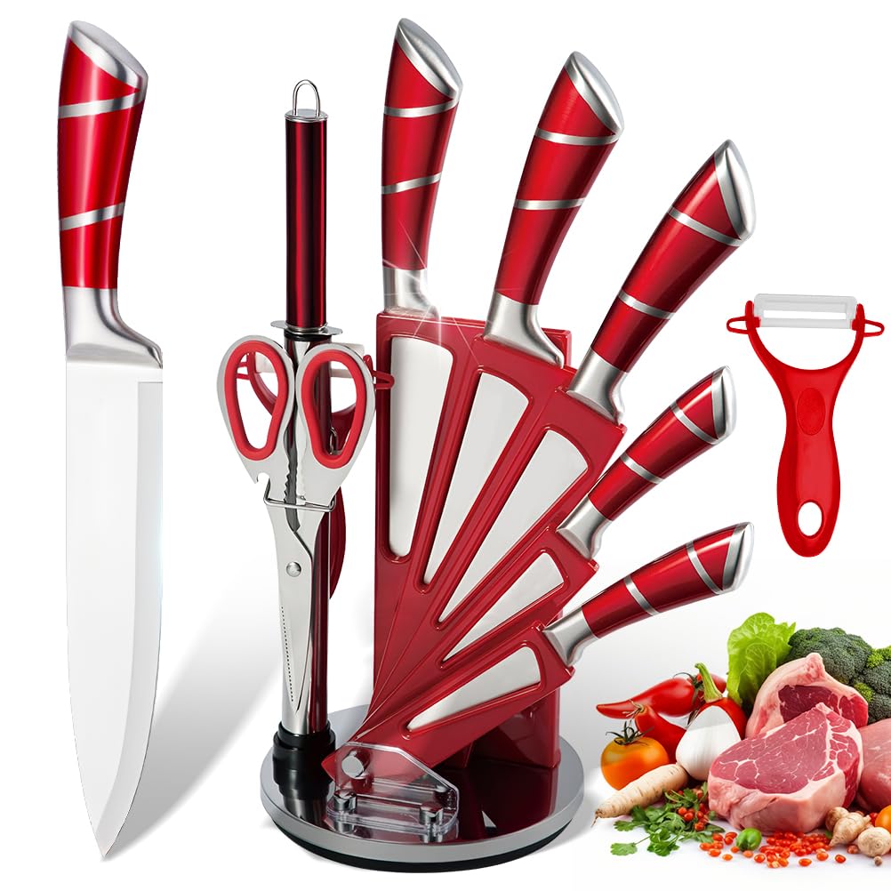 KEPEAK Set de Couteaux de Cuisine 9 Pièces avec Bloc Acrylique Rotatif – Couteaux de Chef Tranchants en Acier Inoxydable avec Fusil à Aiguiser – Pour Couper, Hacher, Émincer – Rouge