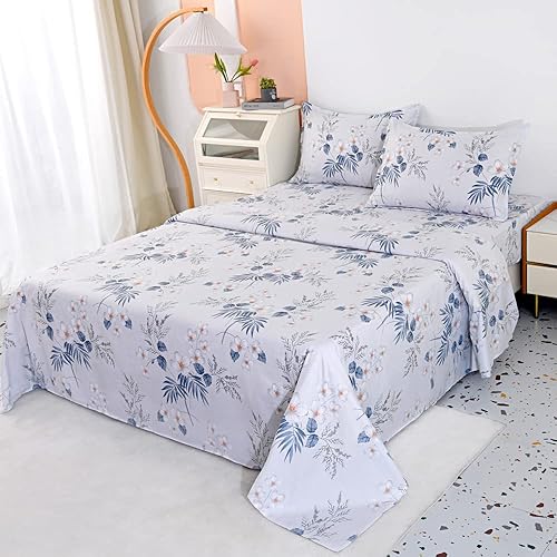 HOOBUY Juego de sábanas con estampado de microfibra suave 4 piezas incluye sábana encimera con estampado floral sábana bajera con bolsillo profundo
