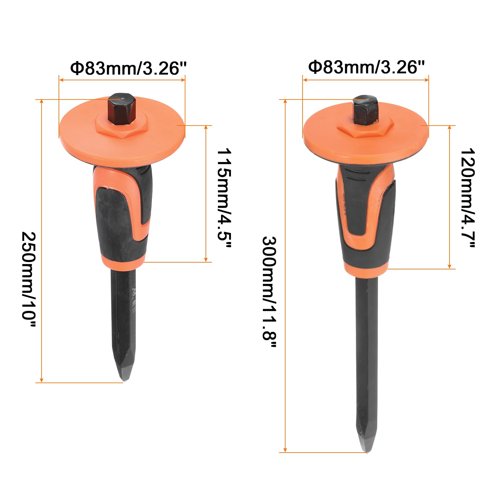 QUARKZMAN 1Set de Cincel de Albañilería 9.8" / 11.8" Cabeza Puntiaguda con Protección de Guardamanos Cincel de Roca Hormigón Mortero Piedra para Romper Tallar Demoler Partir