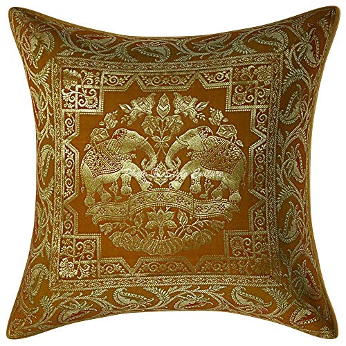 Image of Decorative Brocade Cushion Covers 16x16 inch Banarasi Jacquard Mustard Yellow & Gold Home Decor Elephant Traditional Square 40x40 cm Zippered Sofa Settee Pillowcases -Set of 5 Pcs