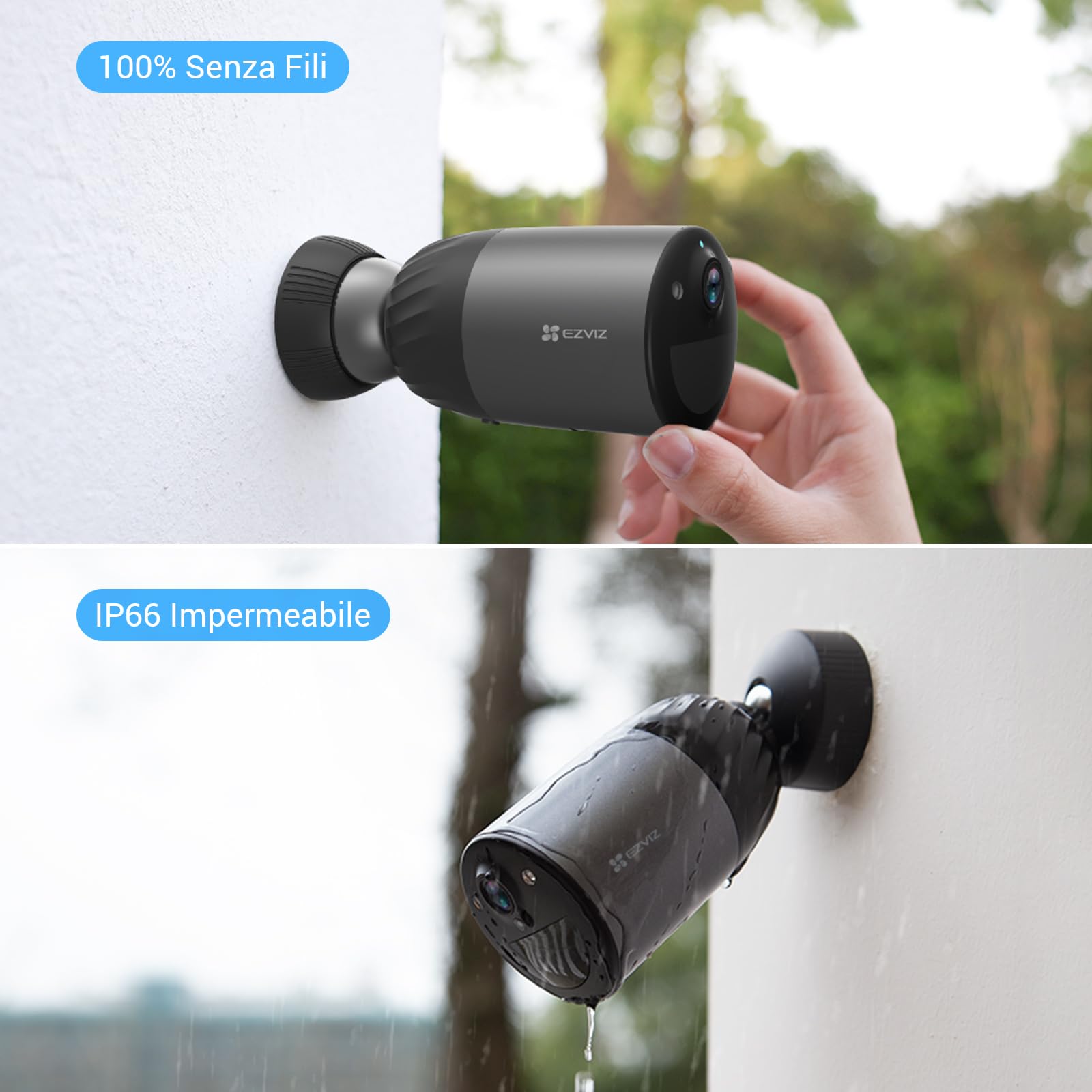 EZVIZ Telecamera wifi esterno batteria 2k, 100% senza fili, 270 Giorni di durata della batteria, impermeabilità IP66, Visione notturna a colori, Alexa, Rilevamento di Persone, Modello BC1C 4MP