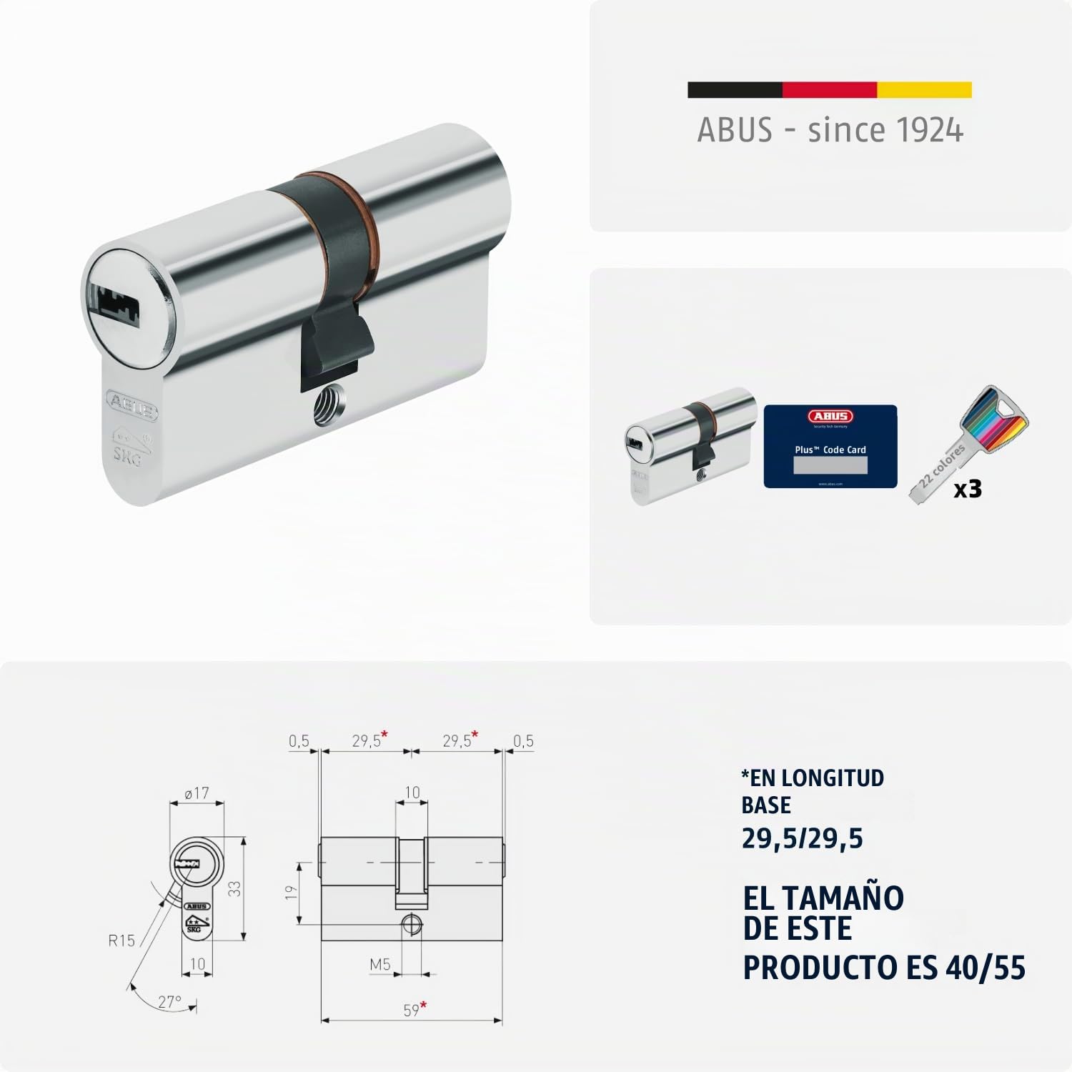 ABUS Cilindro de perfil XP20SN 40/55 - con tarjeta de seguridad y 3 llaves - 73739