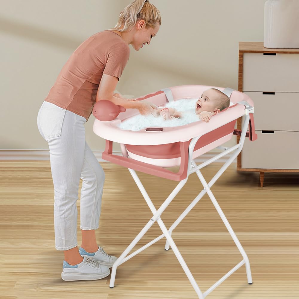 OHMG Vasca da Bagno per Bambini Pieghevole con Piedi, Grande Vasca XXL con Supporto, Termometro 2.0, Seggiolino e Kit di Drenaggio, Vaschetta per Neonati, Ideale per la Doccia, Dalla Nascita a 3 Anni
