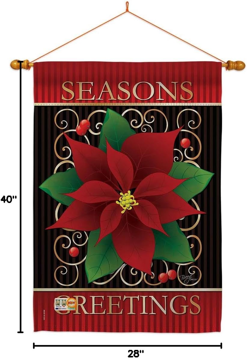 Seasons Greetings Poinsettia House Flag Dowel Set Wintertime Winter Wonderland Snowflake Snowman Ice Skate Season Snow Small Decorative Gift Yard Banner Made In USA 28 X 40