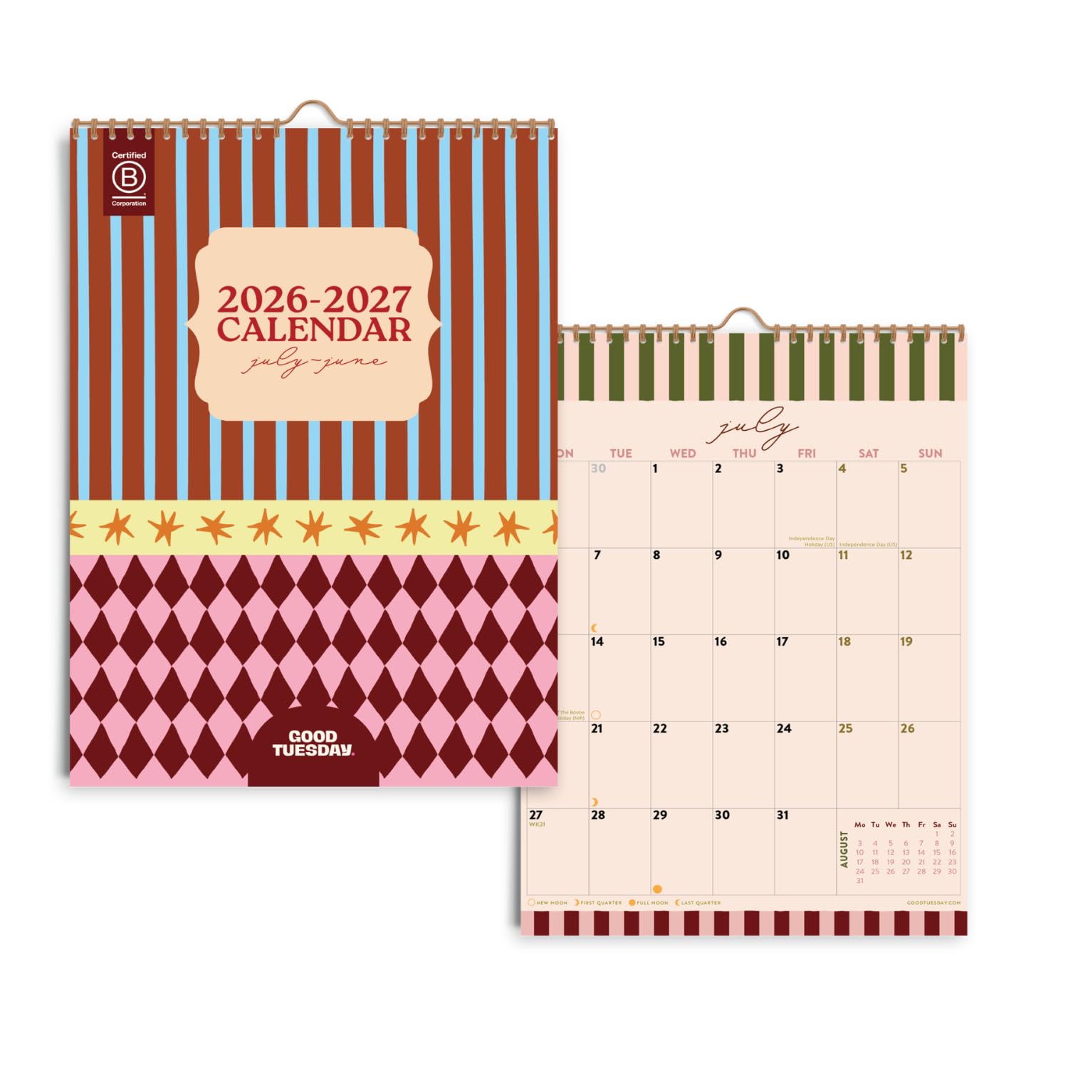 Good Tuesday - 2026-2027 Boho Circus A4 Mid Year Calendar, Colourful Portrait Wall Calendar, Monday Start, UK & US Holidays, Week Numbers, Moon Phases, Recycled Paper, Made in the UK