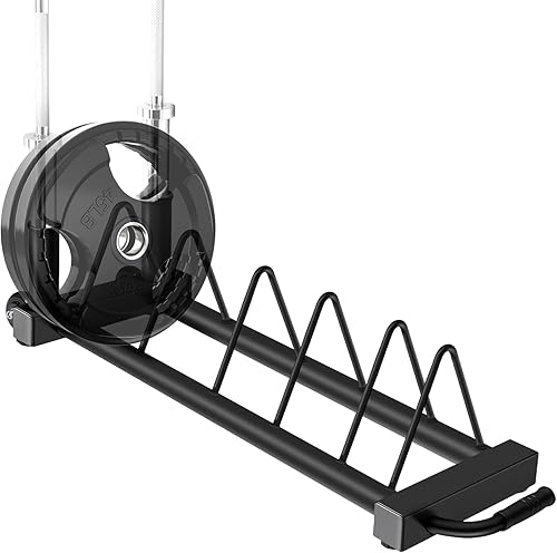 Miniatura 6 de RitFit Estante horizontal para placas de peso, soporte para discos de pesas para barra olímpica con mango y ruedas rodantes, color negro