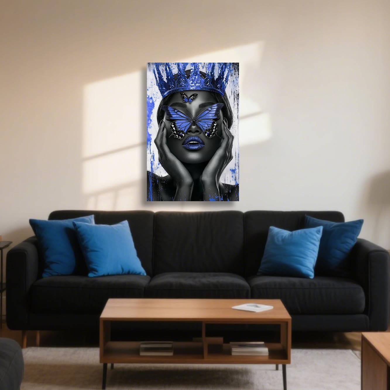 ZSHARTSWD African American Wall Art Black Woman Pictures Blue Queen and Butterfly Canvas Prints Fashion Girl Paintings Bedroom Bathroom Home Decor Framed (Blue, 20L x 16W)