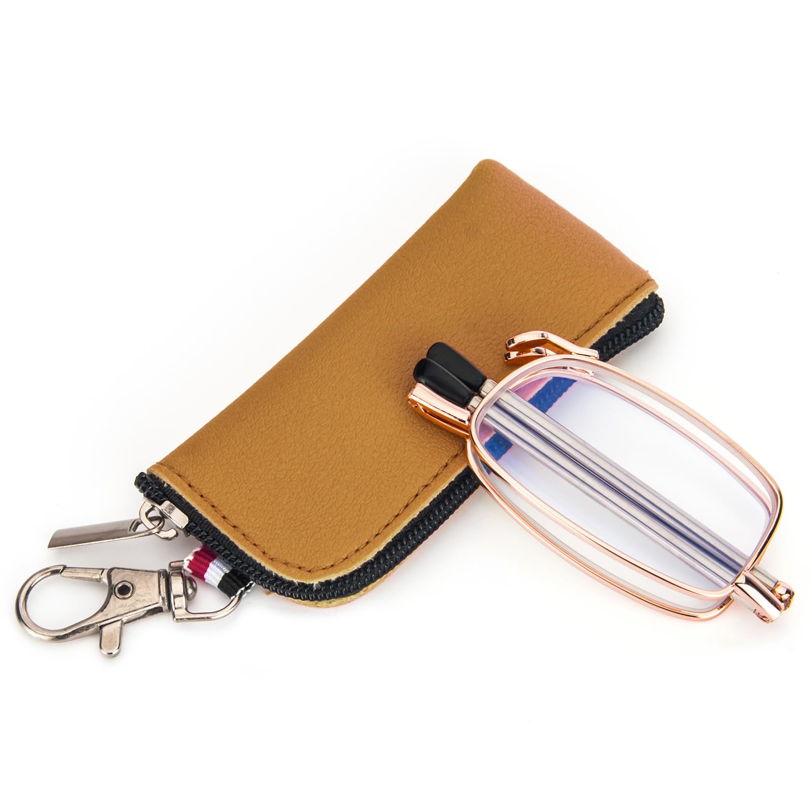MMOWW Faltbare Lesebrille für Damen und Herren mit Teleskopstange mit Reißverschluss Schlüsselanhänger Mini Blaulichtfilter Brillen (Rose Gold, +2,5)