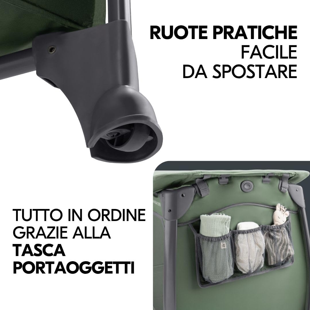 hauck Lettino da Viaggio Play N Relax Center con Materasso e Zanzariera, Lettino Campeggio Neonato con Fasciatoio, Inserto Neonato, Ruote e Borsa Trasporto, Verde Scuro