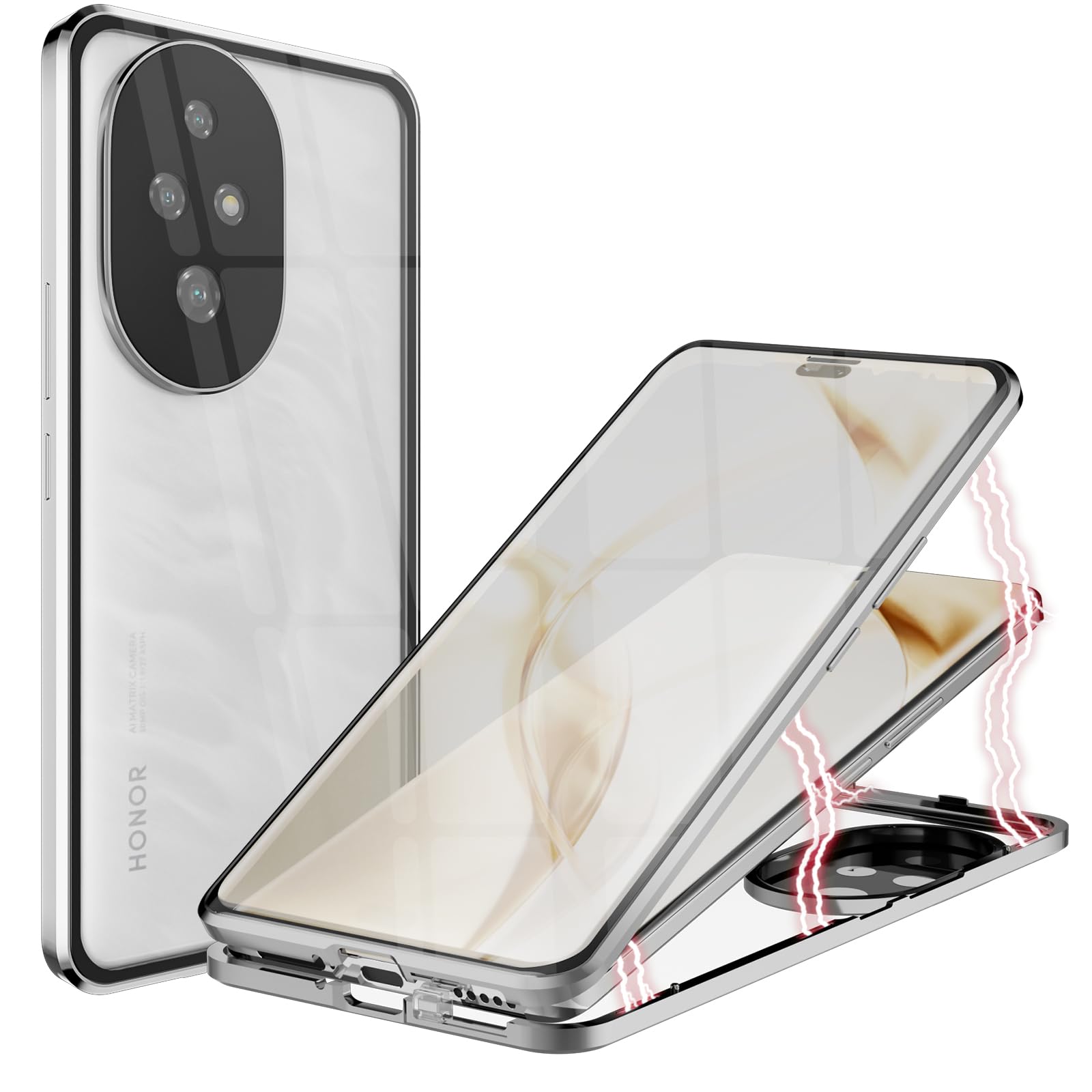 Case Compatible with Honor 200 Pro, Magnetic Adsorption 360 Protection Front Back Tempered Glass Aluminum Frame Cover Shockproof Transparent Case, Silver