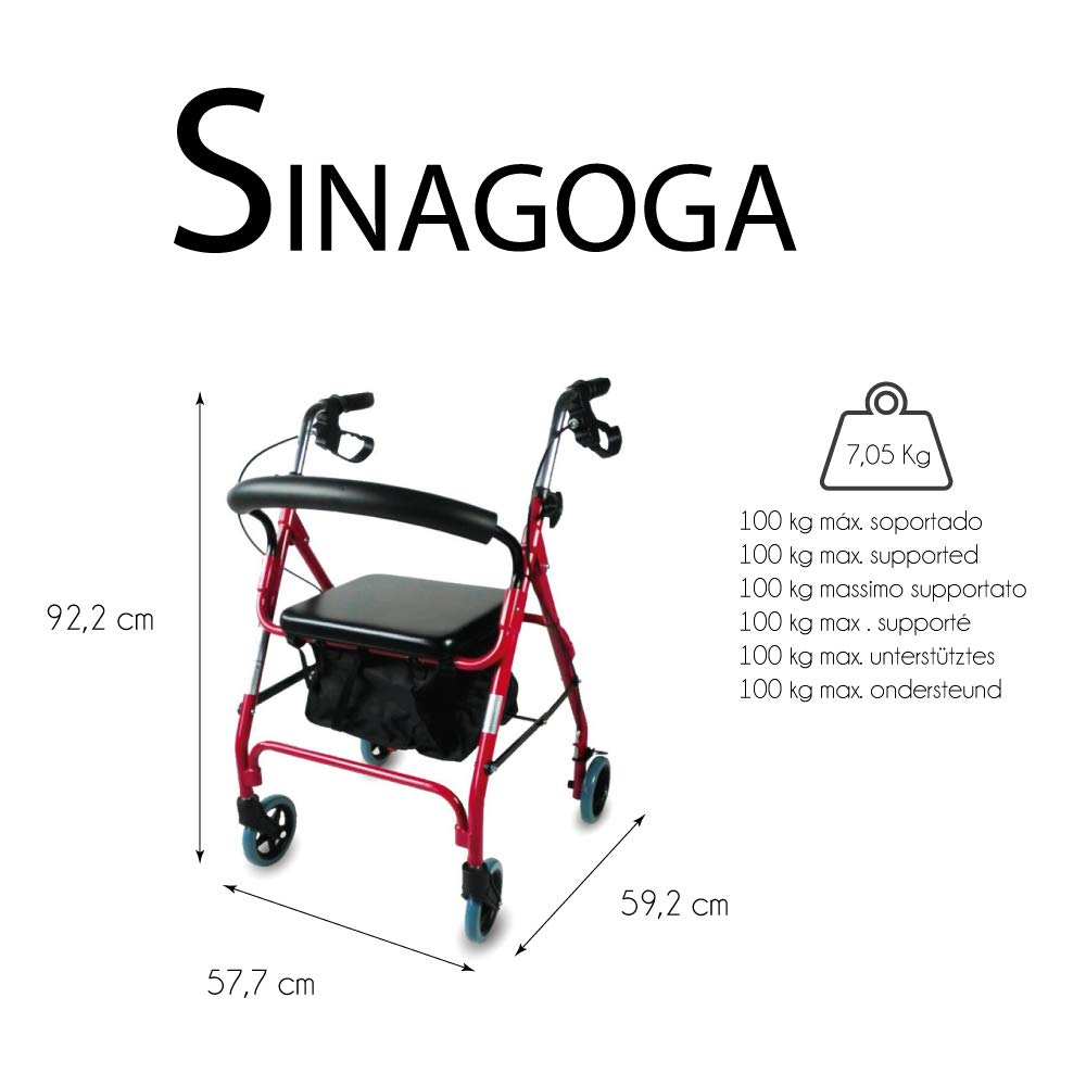 Mobiclinic, Modelo sinagoga, Rollator con 4 ruedas, Andador para adultos, Mayores, Minusválidos o ancianos, Caminador de aluminio, Ayuda caminar, Ligero, Plegable, Asiento, Rojo