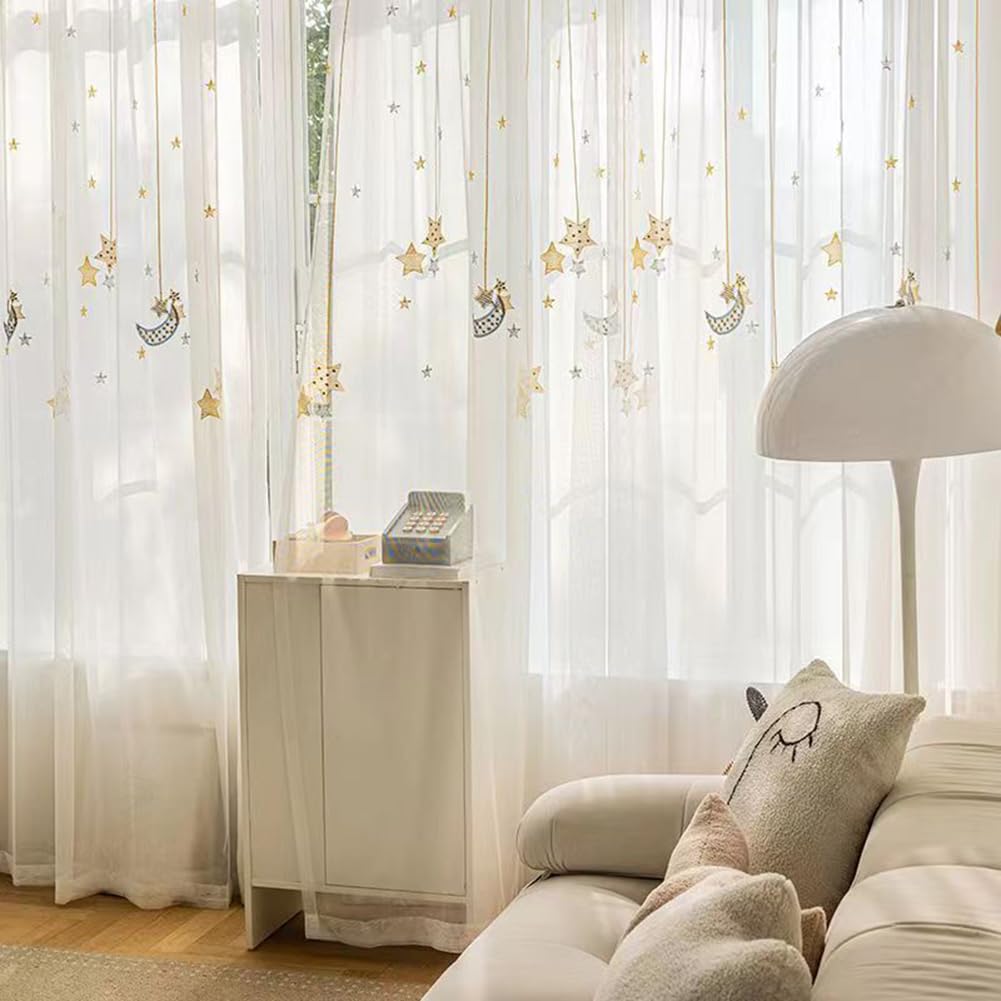 Weiß Vorhang Kinderzimmer Transparent Mädchen Jungen Sterne Mond Gardinen Durchsichtig Kinder Ösenschal für Mädchenzimmer Kinderzimmer Babyzimmer 150x225