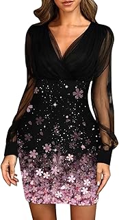 Evening Dresses Women Short Fashion Tulle Print Party Dresses Elegant Tulle Long Sleeve Wrap Dresses V-Neck Slim Fit Cocktail Dresses High Waist Ball Dresses Wrap Dresses Slim Tunic Dress Midi Dress