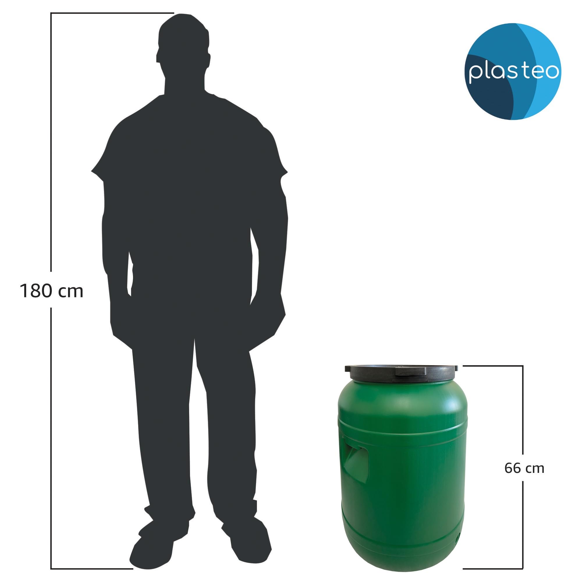 plasteo Fût à col large de 80 l avec couvercle de qualité alimentaire - Fût universel en polyéthylène haute densité avec bouchon à vis - Pour nourriture, stockage et transport - Vert - Rond
