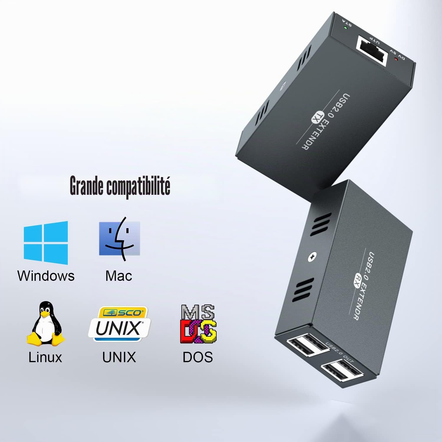 Extenseur USB 4 USB 2.0 sur Ethernet 50 m Cat5e/6/7 Hub USB sans pilote pour webcam, imprimante, clavier, souris, micro
