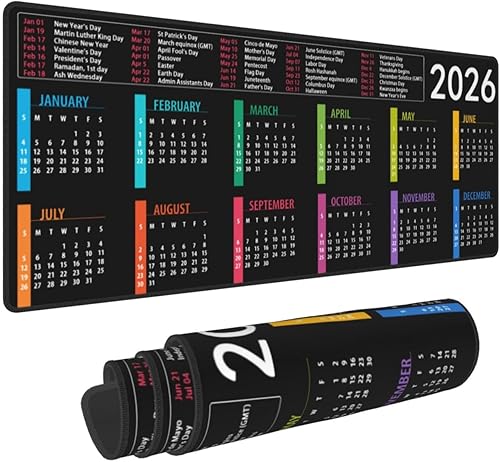 Calendario 2026 con alfombrilla de mouse de vacaciones XL extendida, base de goma antideslizante con borde cosido, alfombrilla de mouse grande de