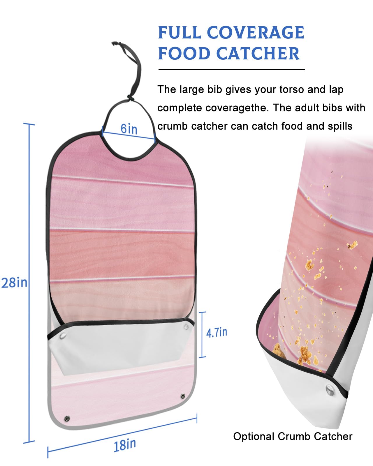 Kewadony Adult Bibs for Elderly Women - Pink Candy Color Waterproof Dining Clothing Protectors with Crumb Catcher for Eating/Feeding, Retro Wood Grain Terry Cloth Bib Machine Washable